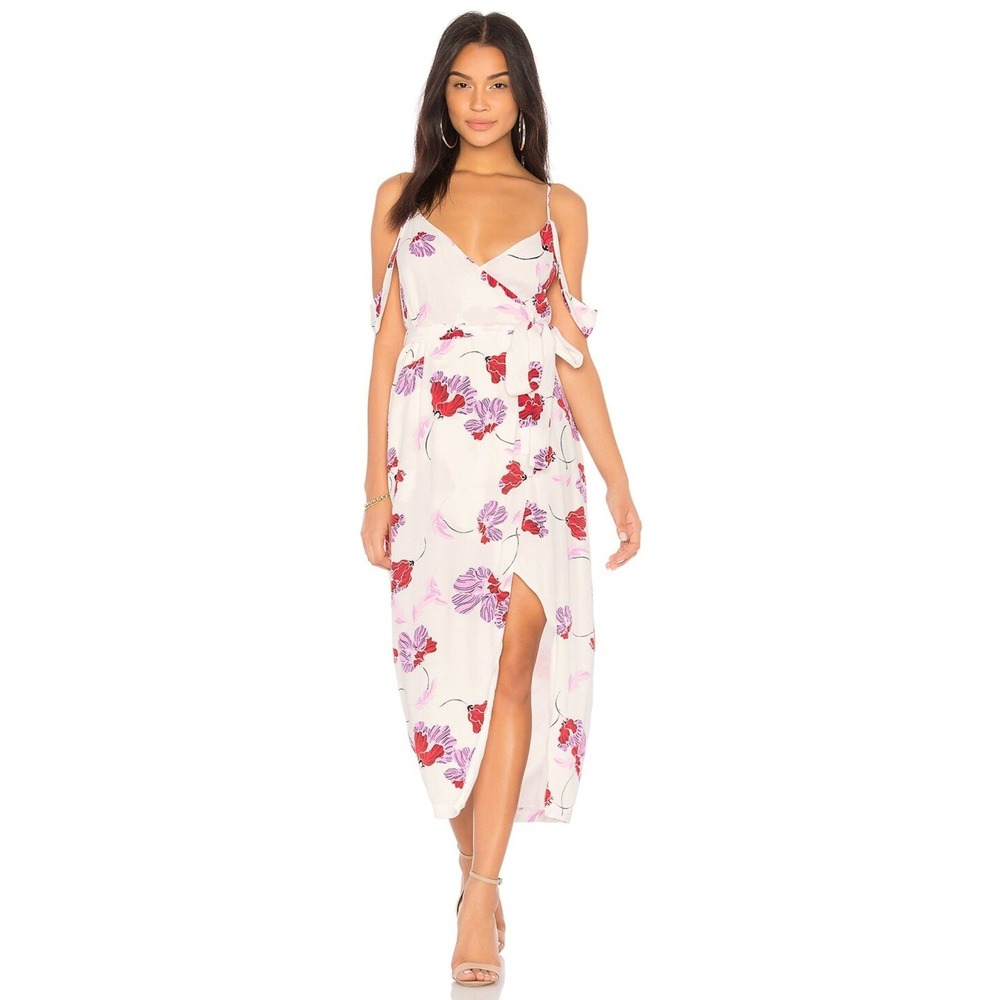Bardot Womens XS Midi Dress Cold Shoulder Floral Wrap Front Slit Wedding Guest